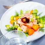 Ceviche of salmon with avocado, kumquat and dill